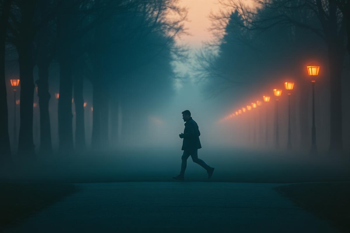 Hombre caminando por un parque entre la niebla al amanecer