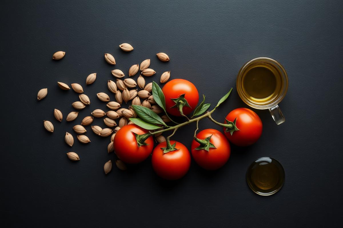 Tomates, semillas de calabaza y aceite de oliva sobre pizarra