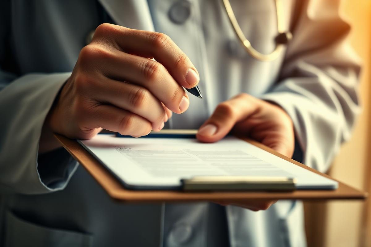 Médico sosteniendo un portapapeles bajo luz clínica cálida