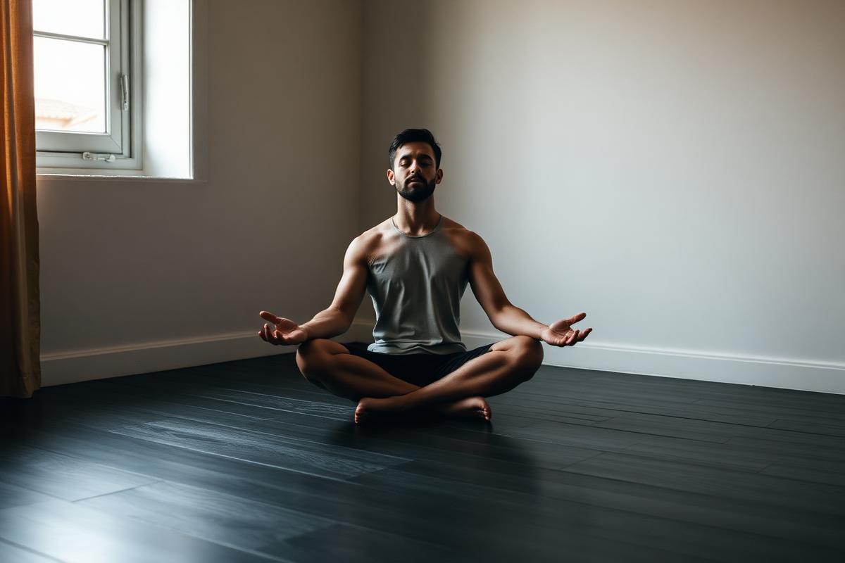 Hombre meditando con las piernas cruzadas en una habitación luminosa